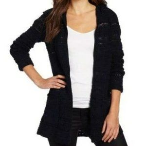 Lucky Brand Bohemian Loose Knit Open Cardigan Hood Pocket Navy Blue Medi…